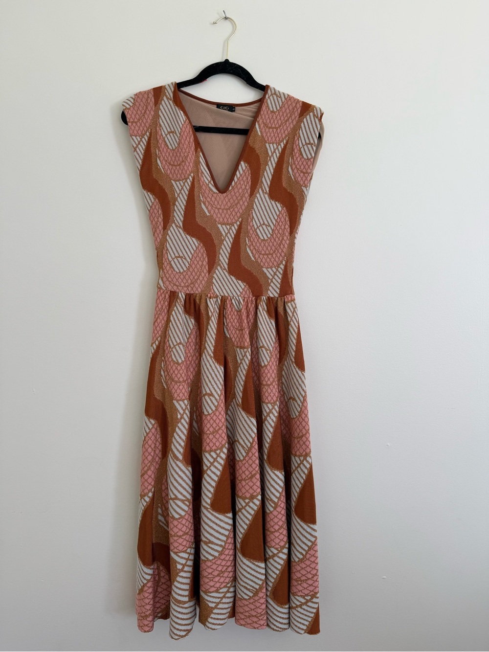 Sleeveless V-Neck Midi Dress in Pink and Brown metallic